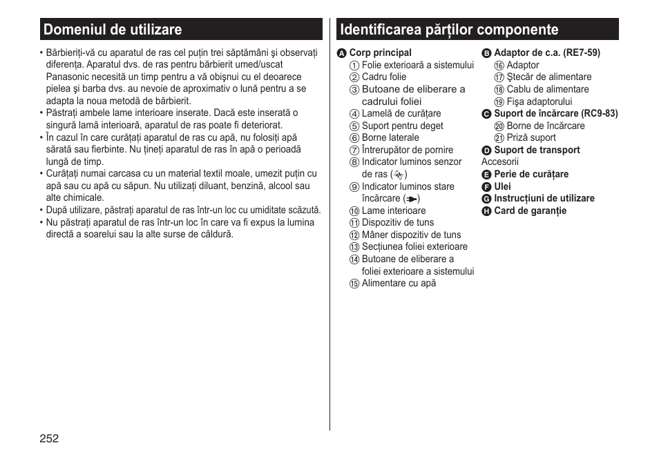 Domeniul de utilizare, Identificarea părţilor componente | Panasonic ESST25 User Manual | Page 252 / 278