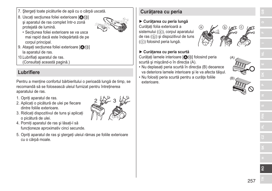 Curăţarea cu peria, Lubrifiere | Panasonic ESST25 User Manual | Page 257 / 278