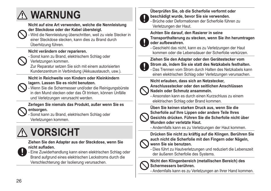 Warnung, Vorsicht | Panasonic ESST25 User Manual | Page 26 / 278