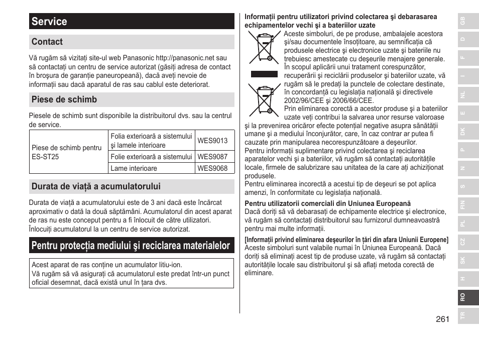 Service, Contact, Piese de schimb | Durata de viaţă a acumulatorului | Panasonic ESST25 User Manual | Page 261 / 278