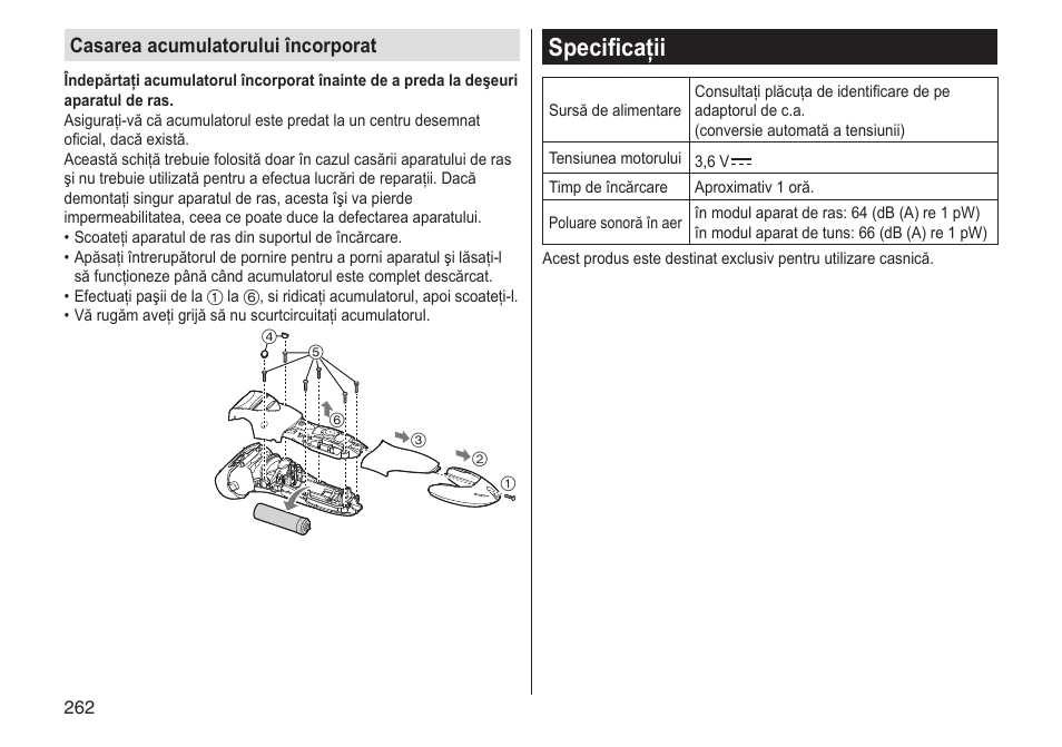 Specificaţii, Casarea acumulatorului încorporat | Panasonic ESST25 User Manual | Page 262 / 278