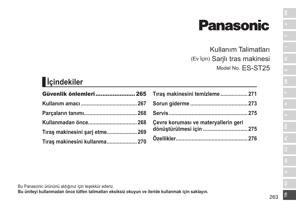 Içindekiler, Kullanım talimatları, Sarjlı tras makinesi | Es-st25 | Panasonic ESST25 User Manual | Page 263 / 278