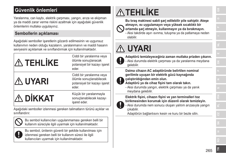 Tehlike, Uyari, Dikkat | Güvenlik önlemleri | Panasonic ESST25 User Manual | Page 265 / 278