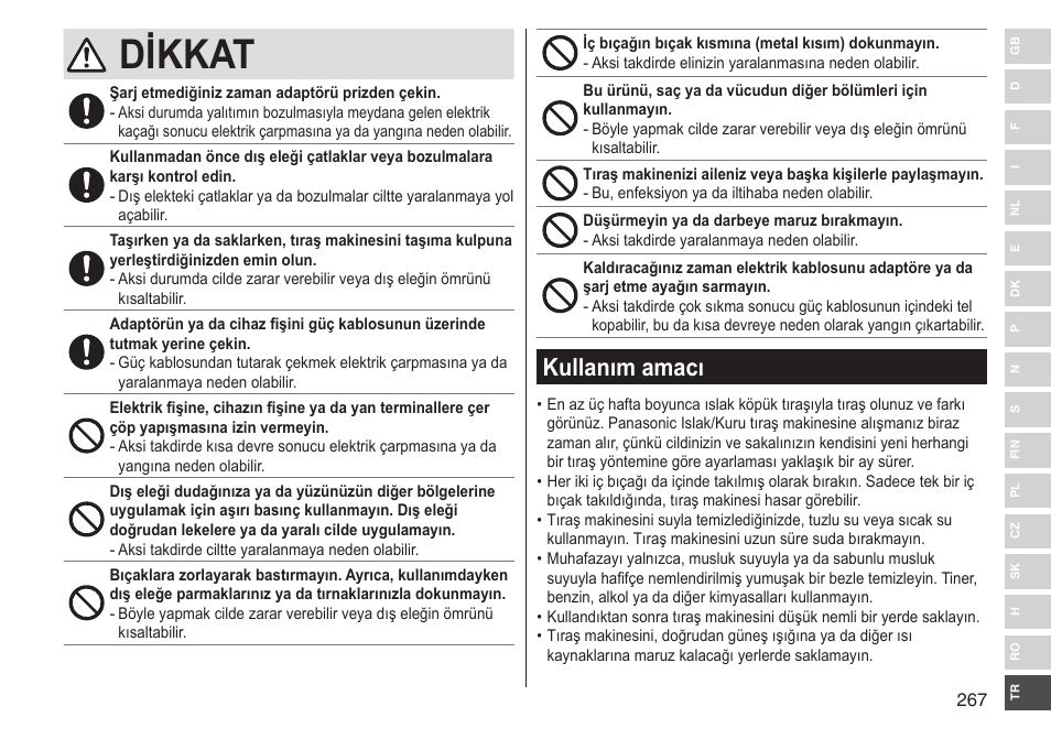 Dikkat, Kullanım amacı | Panasonic ESST25 User Manual | Page 267 / 278