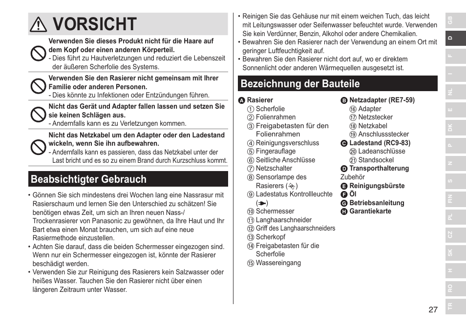 Vorsicht, Beabsichtigter gebrauch, Bezeichnung der bauteile | Panasonic ESST25 User Manual | Page 27 / 278