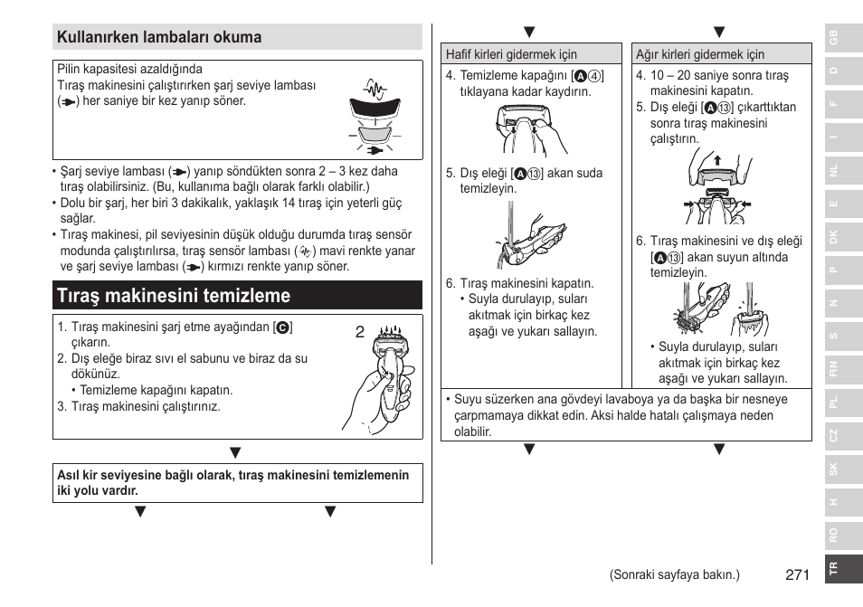 Tıraş makinesini temizleme, Kullanırken lambaları okuma | Panasonic ESST25 User Manual | Page 271 / 278