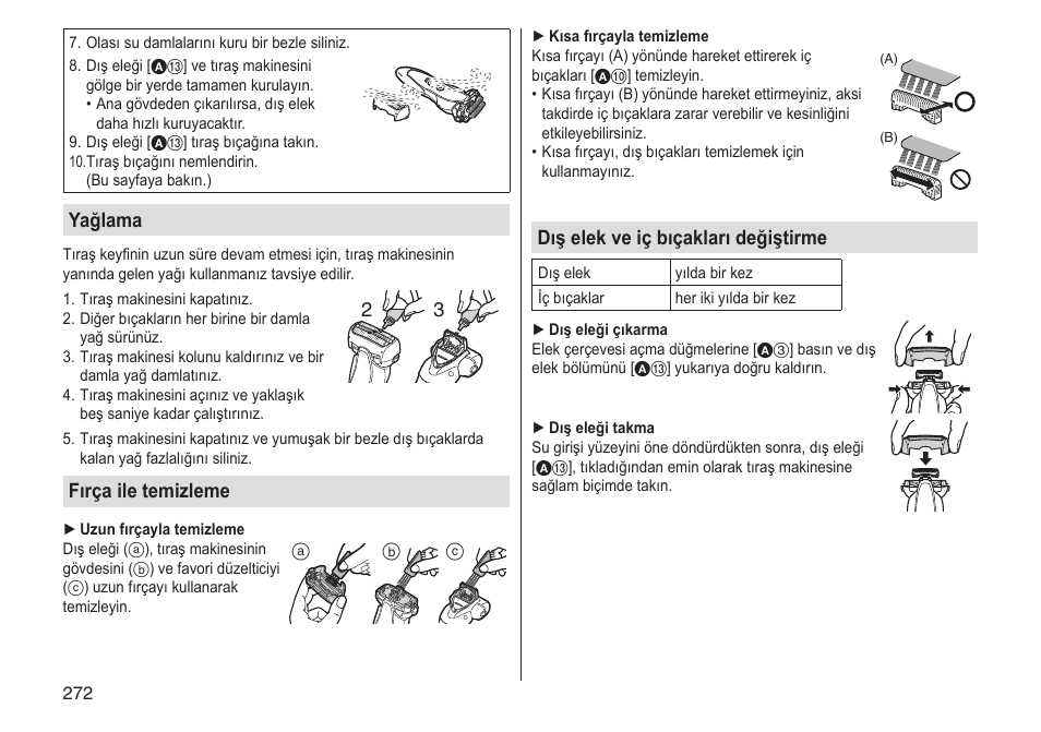 Yağlama, Fırça ile temizleme, Dış elek ve iç bıçakları değiştirme | Panasonic ESST25 User Manual | Page 272 / 278