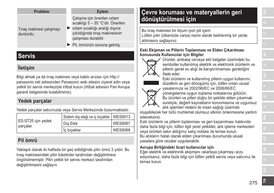 Servis, Iletişim, Yedek parçalar | Pil ömrü | Panasonic ESST25 User Manual | Page 275 / 278