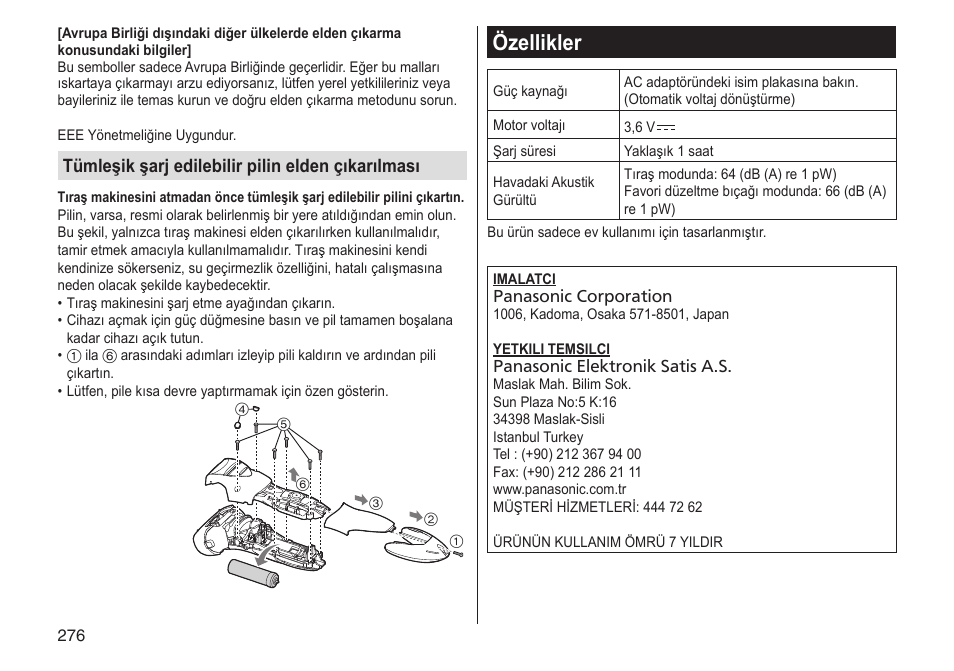 Özellikler, Tümleşik şarj edilebilir pilin elden çıkarılması | Panasonic ESST25 User Manual | Page 276 / 278