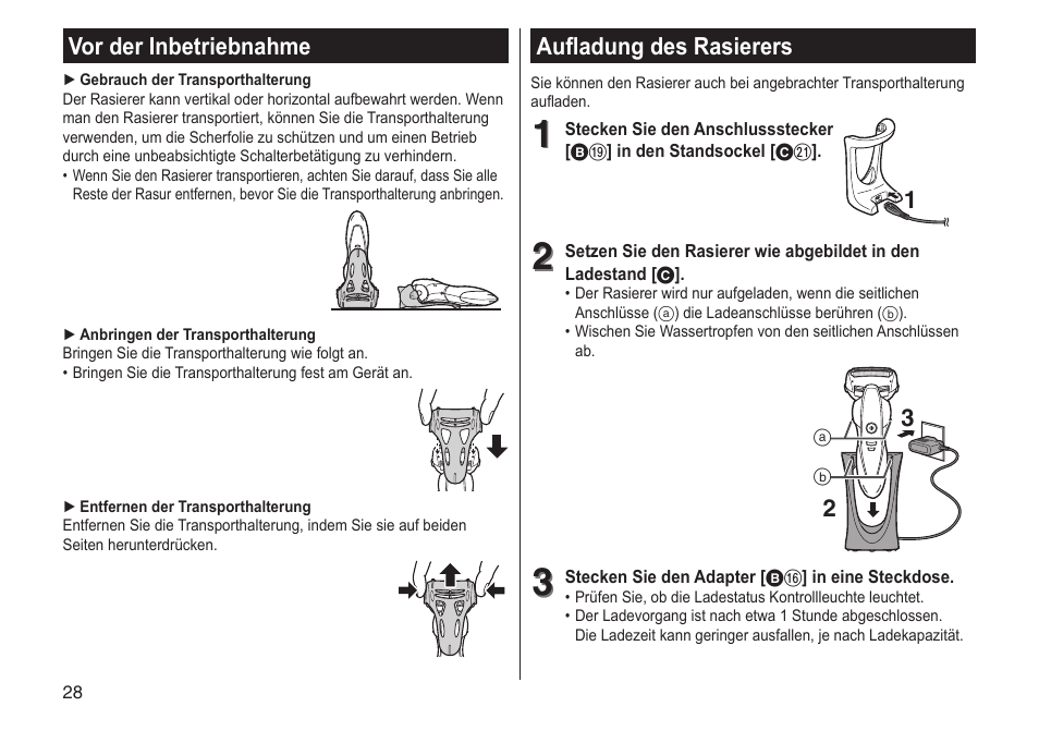 Vor der inbetriebnahme, Aufladung des rasierers | Panasonic ESST25 User Manual | Page 28 / 278