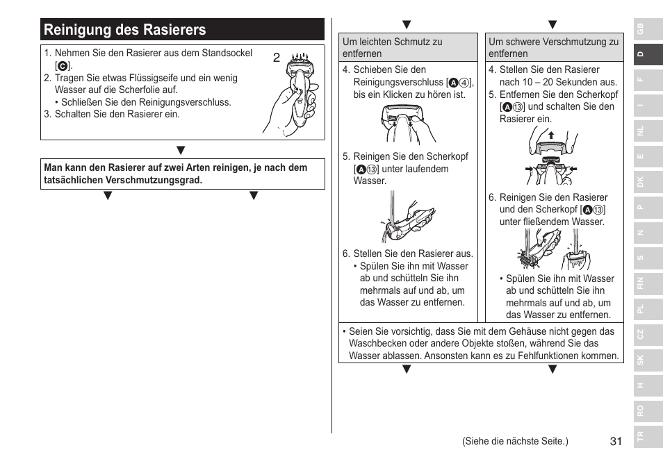 Reinigung des rasierers | Panasonic ESST25 User Manual | Page 31 / 278