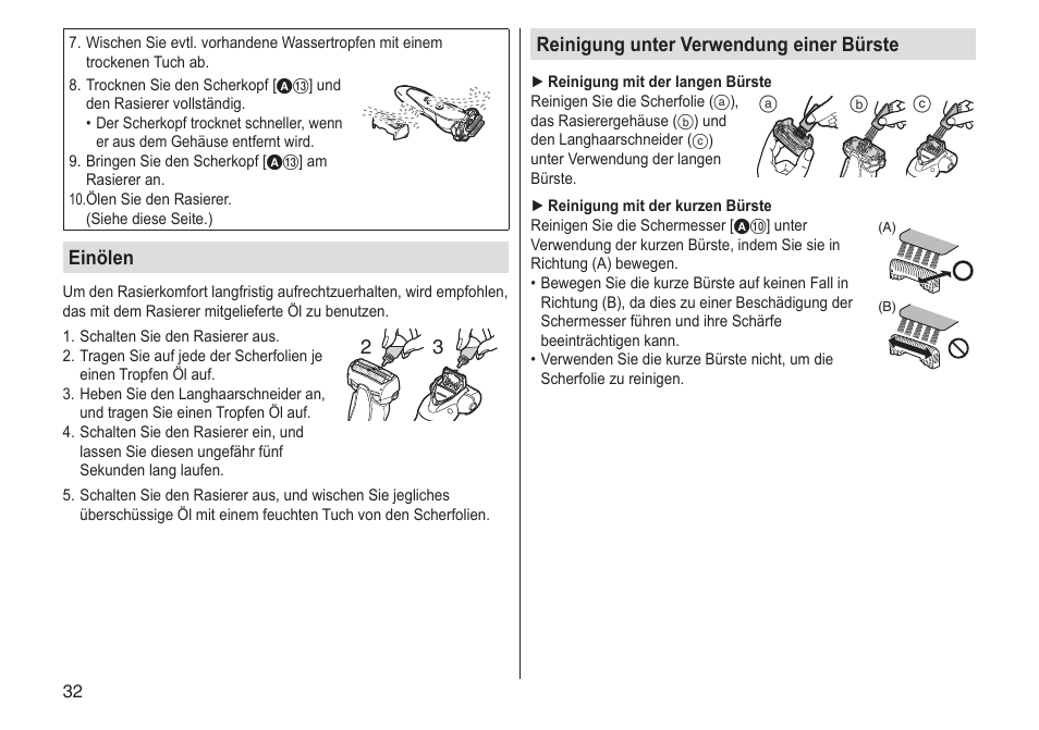 Einölen, Reinigung unter verwendung einer bürste | Panasonic ESST25 User Manual | Page 32 / 278