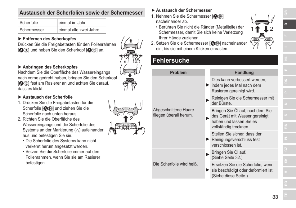 Fehlersuche, Austausch der scherfolien sowie der schermesser | Panasonic ESST25 User Manual | Page 33 / 278