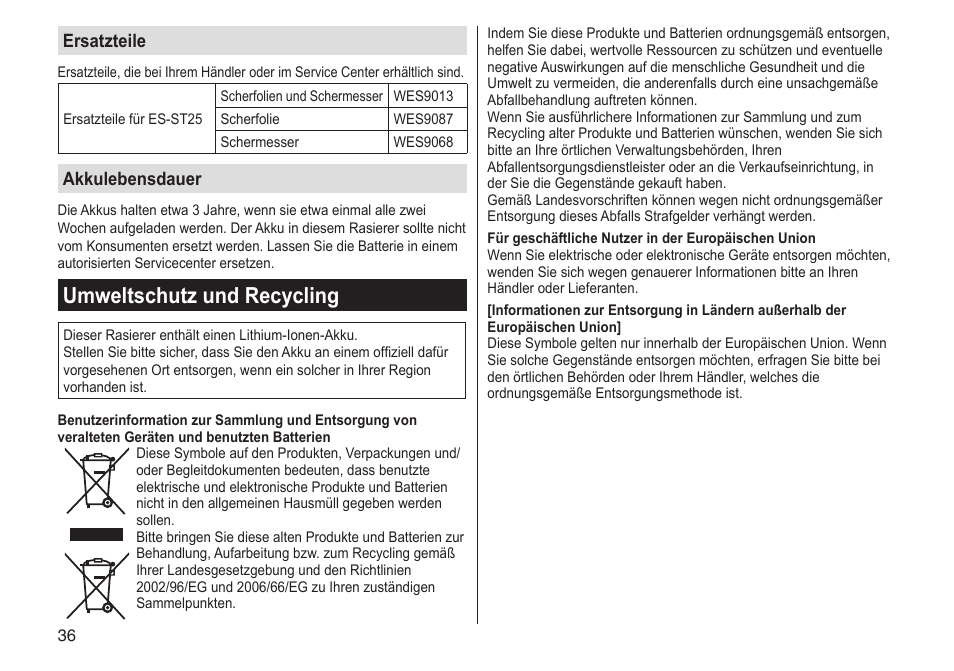 Umweltschutz und recycling, Ersatzteile, Akkulebensdauer | Panasonic ESST25 User Manual | Page 36 / 278