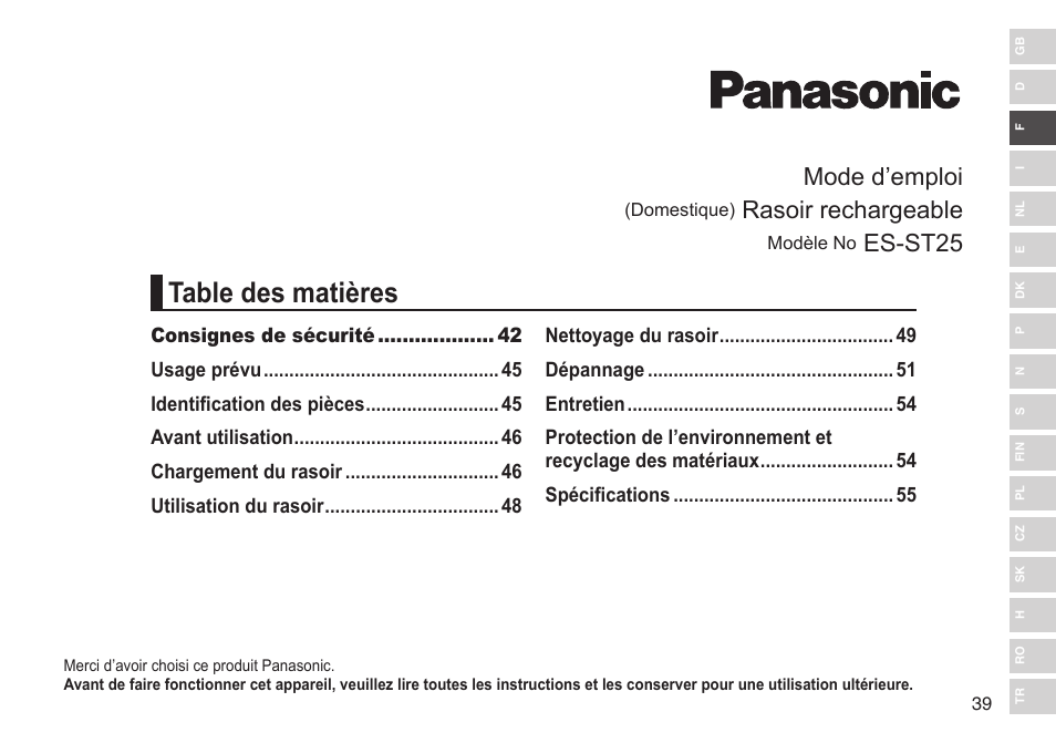 Panasonic ESST25 User Manual | Page 39 / 278
