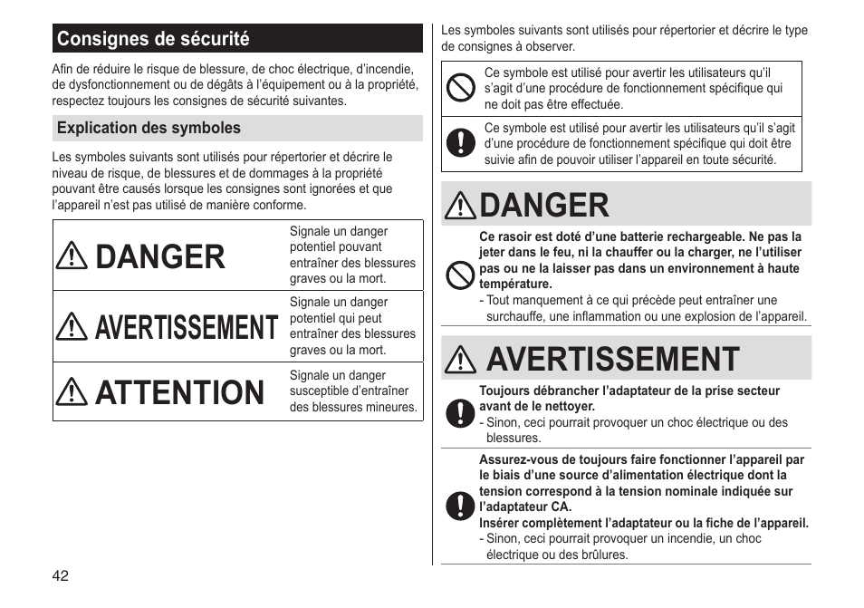 Danger, Avertissement, Attention | Consignes de sécurité | Panasonic ESST25 User Manual | Page 42 / 278