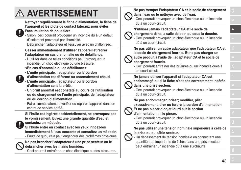 Avertissement | Panasonic ESST25 User Manual | Page 43 / 278