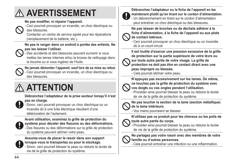 Avertissement, Attention | Panasonic ESST25 User Manual | Page 44 / 278