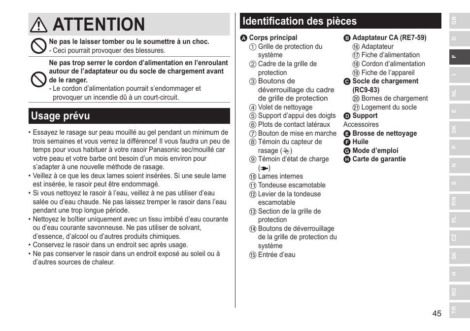 Attention, Usage prévu, Identification des pièces | Panasonic ESST25 User Manual | Page 45 / 278