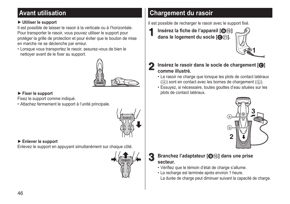 Chargement du rasoir, Avant utilisation | Panasonic ESST25 User Manual | Page 46 / 278