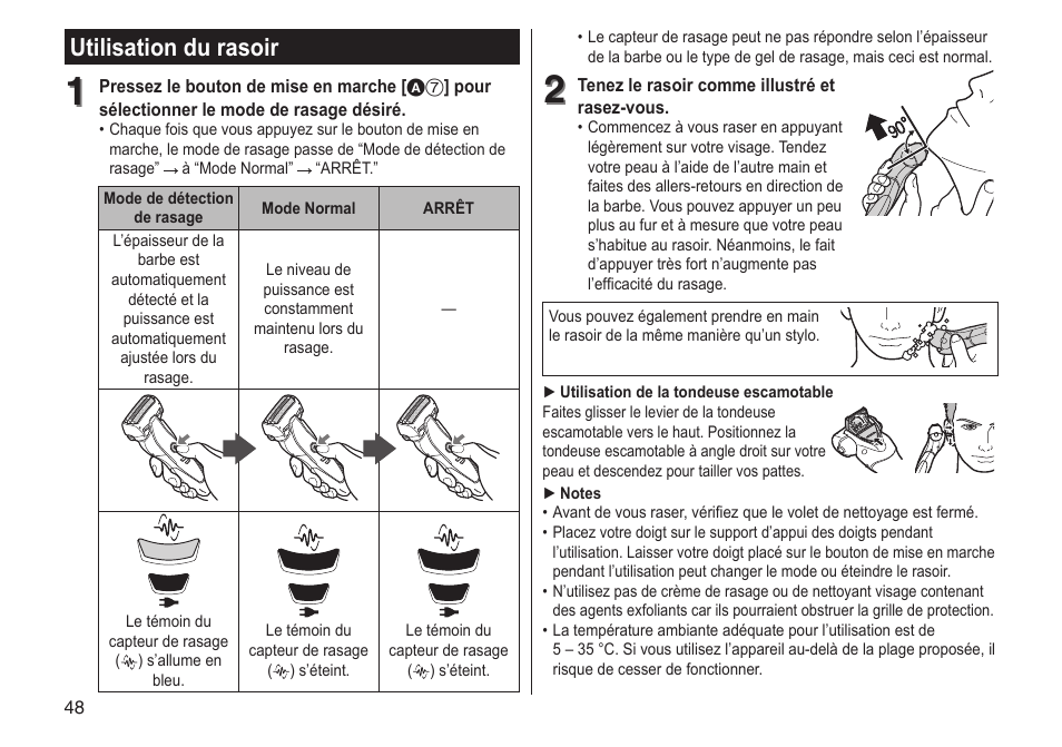 Utilisation du rasoir | Panasonic ESST25 User Manual | Page 48 / 278