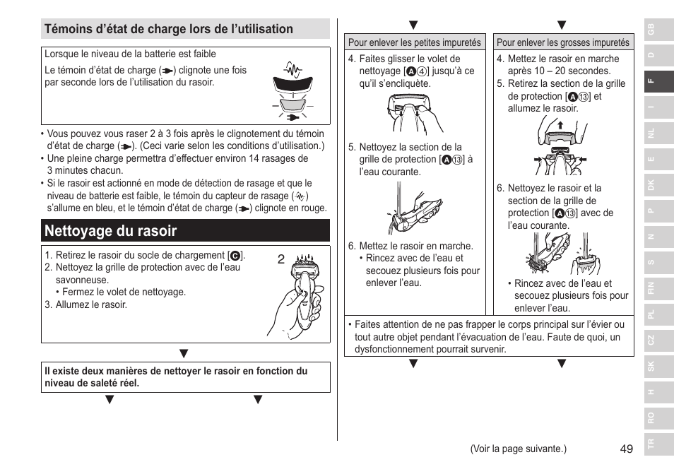 Nettoyage du rasoir, Témoins d’état de charge lors de l’utilisation | Panasonic ESST25 User Manual | Page 49 / 278