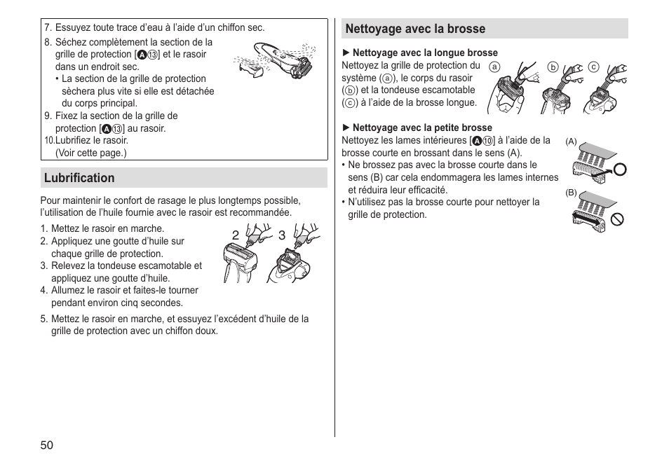 Nettoyage avec la brosse, Lubrification | Panasonic ESST25 User Manual | Page 50 / 278