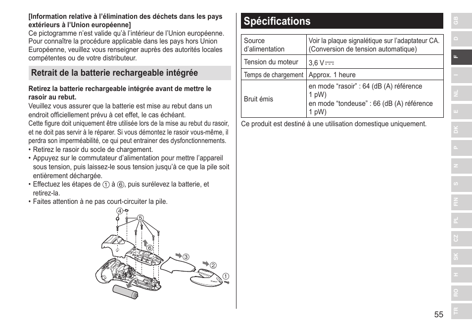 Spécifications, Retrait de la batterie rechargeable intégrée | Panasonic ESST25 User Manual | Page 55 / 278