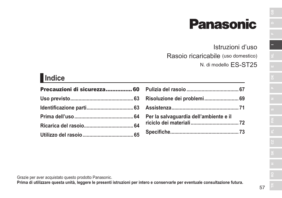 Indice, Istruzioni d’uso rasoio ricaricabile, Es-st25 | Panasonic ESST25 User Manual | Page 57 / 278