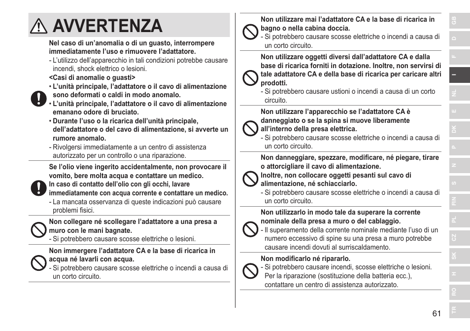 Avvertenza | Panasonic ESST25 User Manual | Page 61 / 278