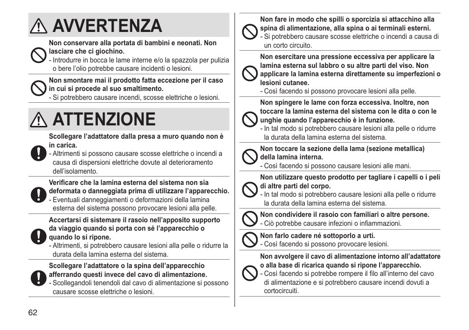 Avvertenza, Attenzione | Panasonic ESST25 User Manual | Page 62 / 278