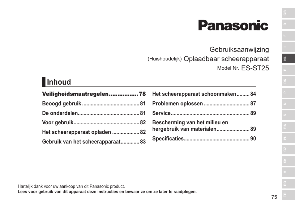 Inhoud, Gebruiksaanwijzing, Oplaadbaar scheerapparaat | Es-st25 | Panasonic ESST25 User Manual | Page 75 / 278