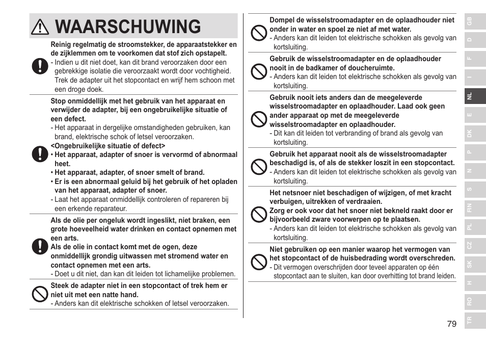 Waarschuwing | Panasonic ESST25 User Manual | Page 79 / 278