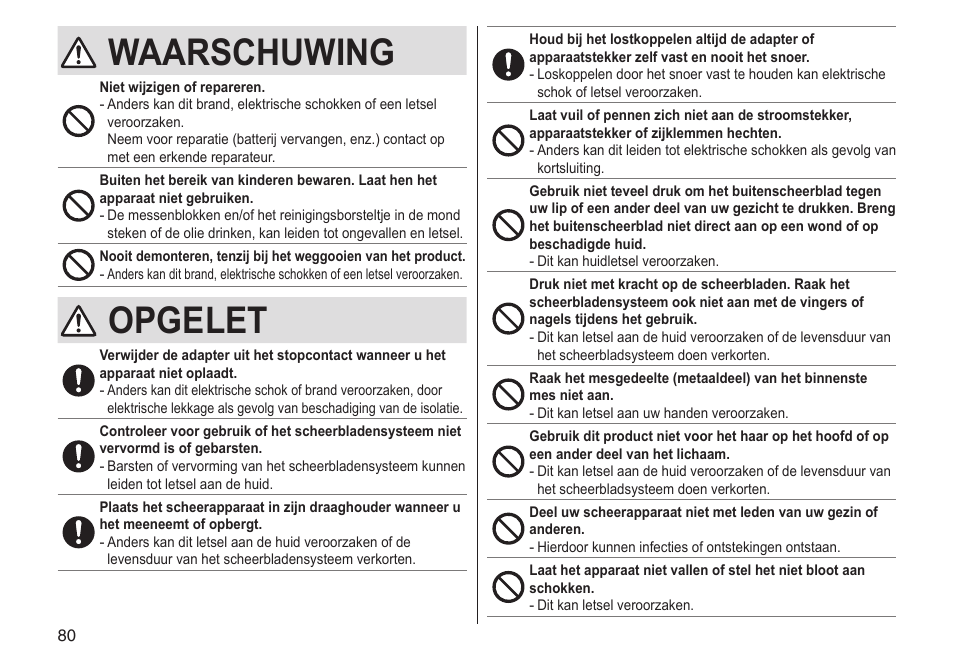 Waarschuwing, Opgelet | Panasonic ESST25 User Manual | Page 80 / 278
