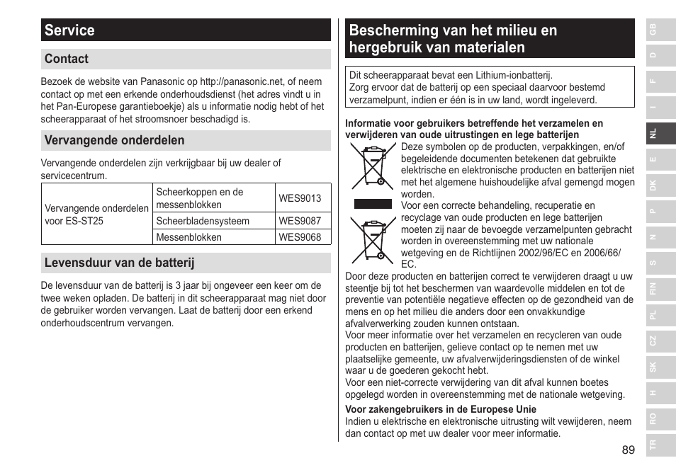 Service, Contact, Vervangende onderdelen | Levensduur van de batterij | Panasonic ESST25 User Manual | Page 89 / 278