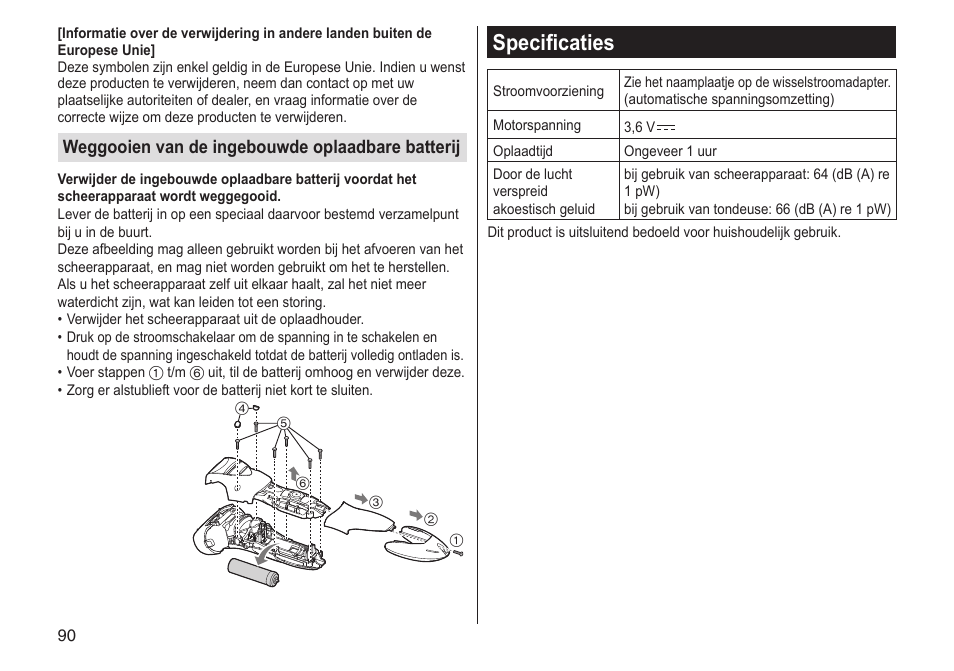 Specificaties, Weggooien van de ingebouwde oplaadbare batterij | Panasonic ESST25 User Manual | Page 90 / 278