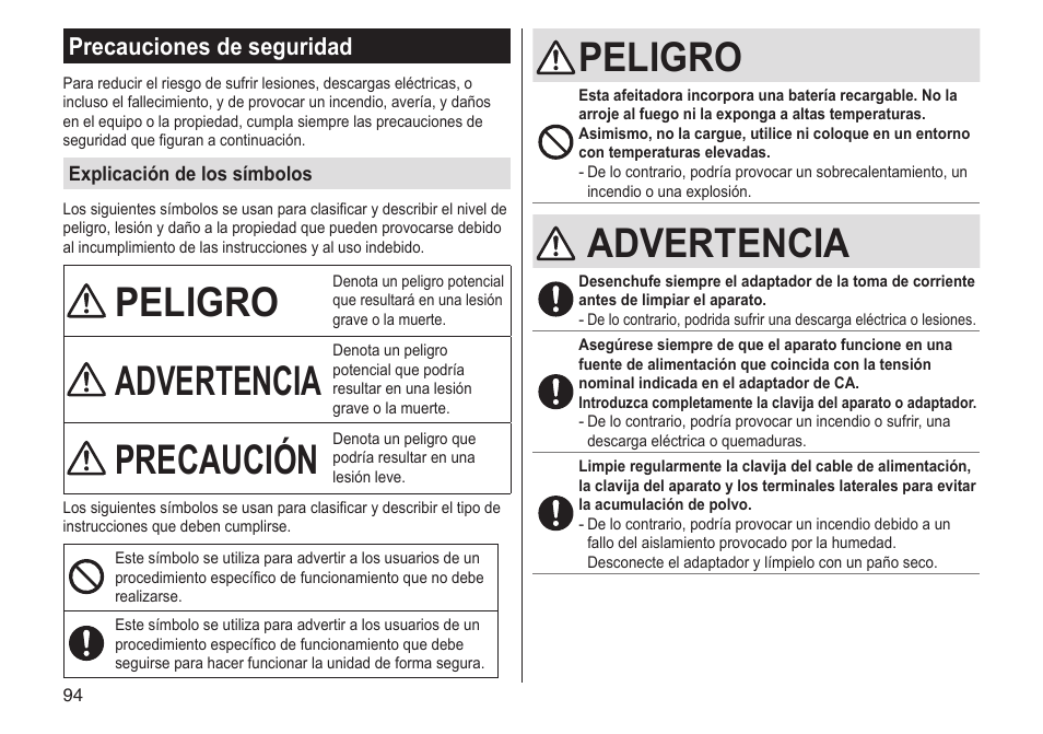 Peligro, Advertencia, Precaución | Precauciones de seguridad | Panasonic ESST25 User Manual | Page 94 / 278