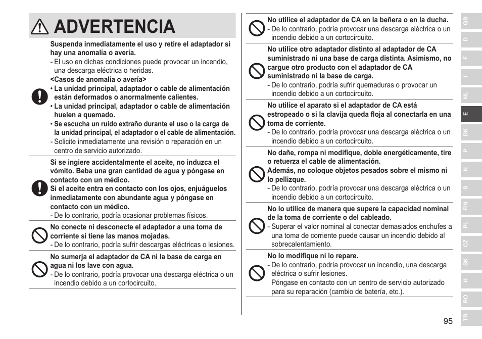 Advertencia | Panasonic ESST25 User Manual | Page 95 / 278