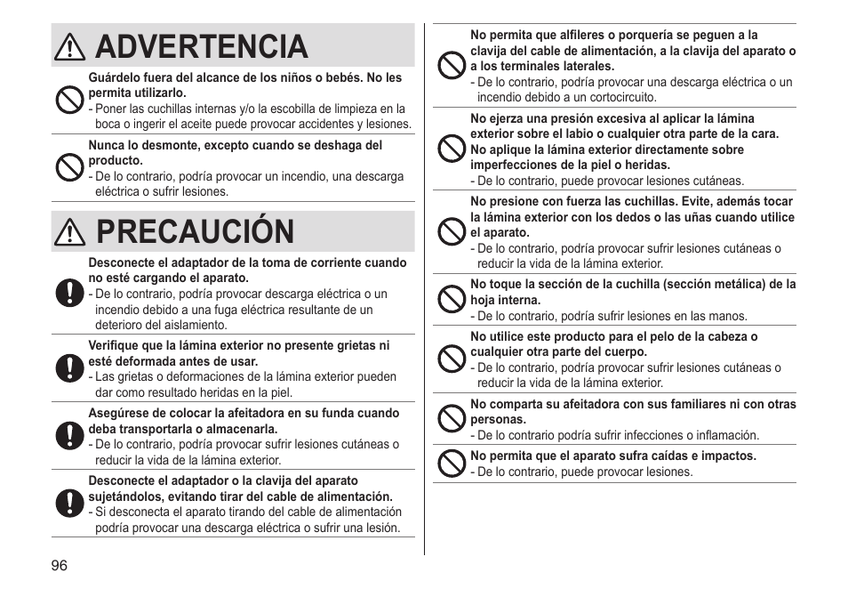 Advertencia, Precaución | Panasonic ESST25 User Manual | Page 96 / 278