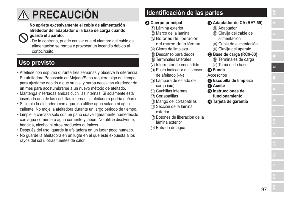 Precaución, Uso previsto, Identificación de las partes | Panasonic ESST25 User Manual | Page 97 / 278