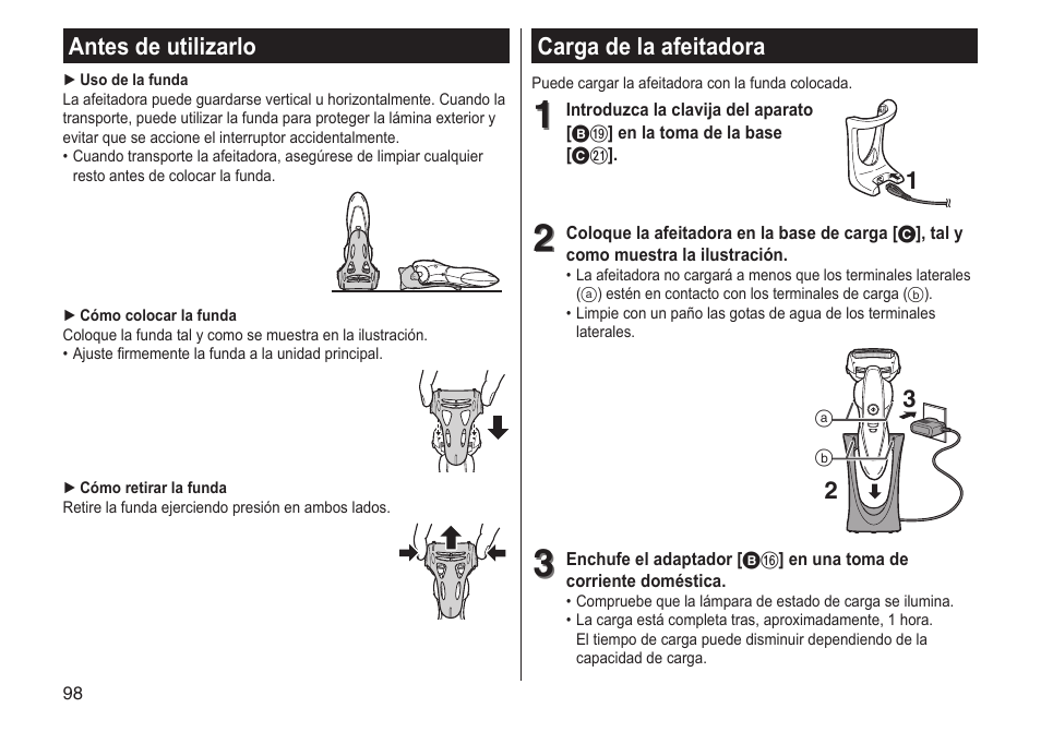 Carga de la afeitadora, Antes de utilizarlo | Panasonic ESST25 User Manual | Page 98 / 278