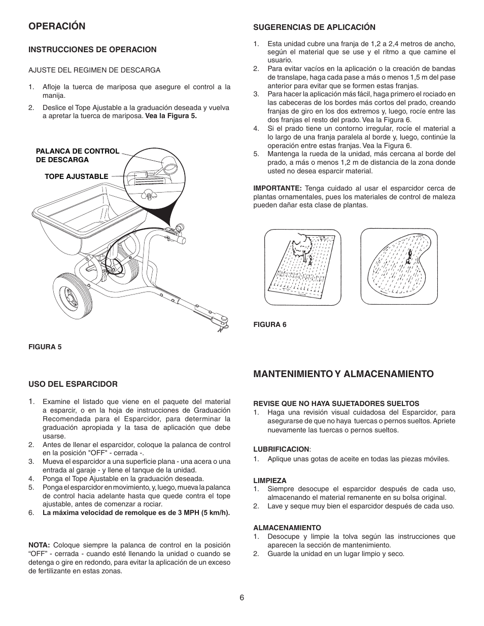 Operación, Mantenimiento y almacenamiento | Agri-Fab 45-03153 User Manual | Page 6 / 8