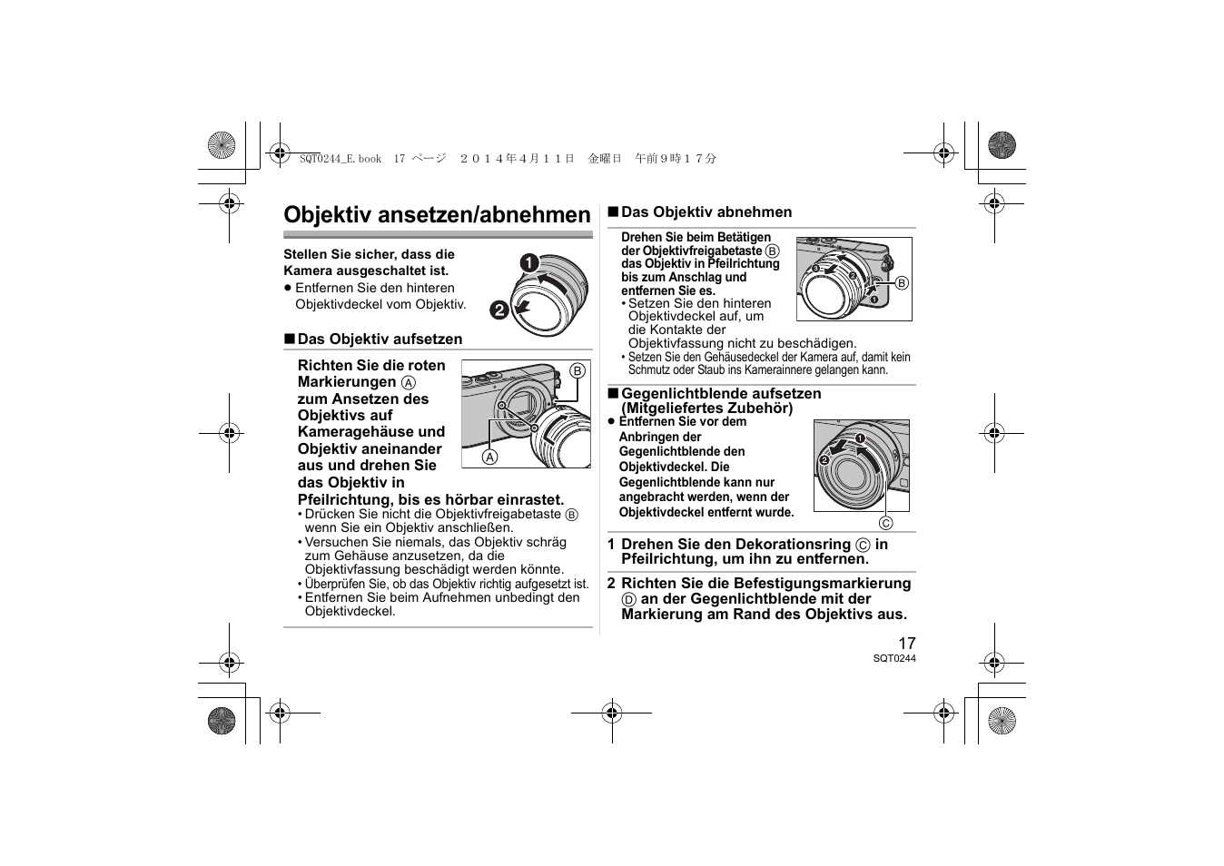 Objektiv ansetzen/abnehmen | Panasonic HX015E User Manual | Page 17 / 72