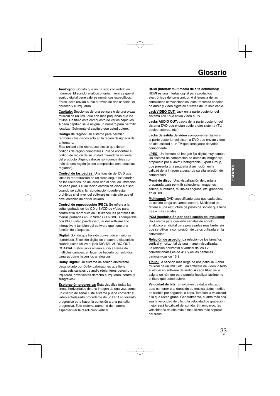 Glosario | Panasonic DVDS38 User Manual | Page 101 / 216