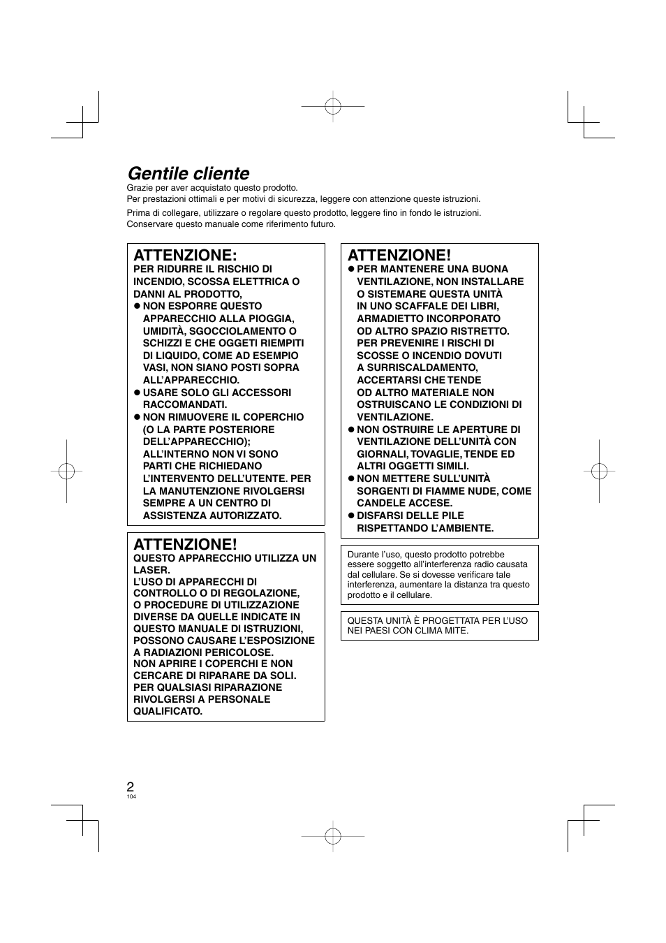 Vqt2r62_dvd-s58_s38_eg-it_100204.pdf, Gentile cliente, Attenzione | Panasonic DVDS38 User Manual | Page 104 / 216