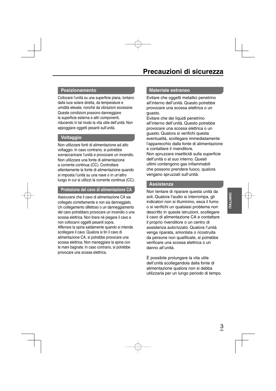 Precauzioni di sicurezza | Panasonic DVDS38 User Manual | Page 105 / 216