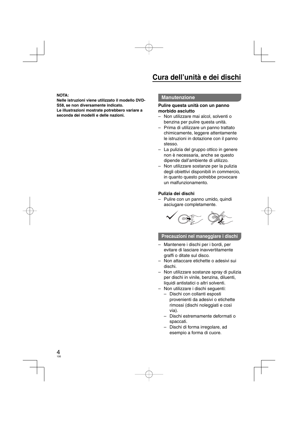 Cura dell’unità e dei dischi | Panasonic DVDS38 User Manual | Page 106 / 216