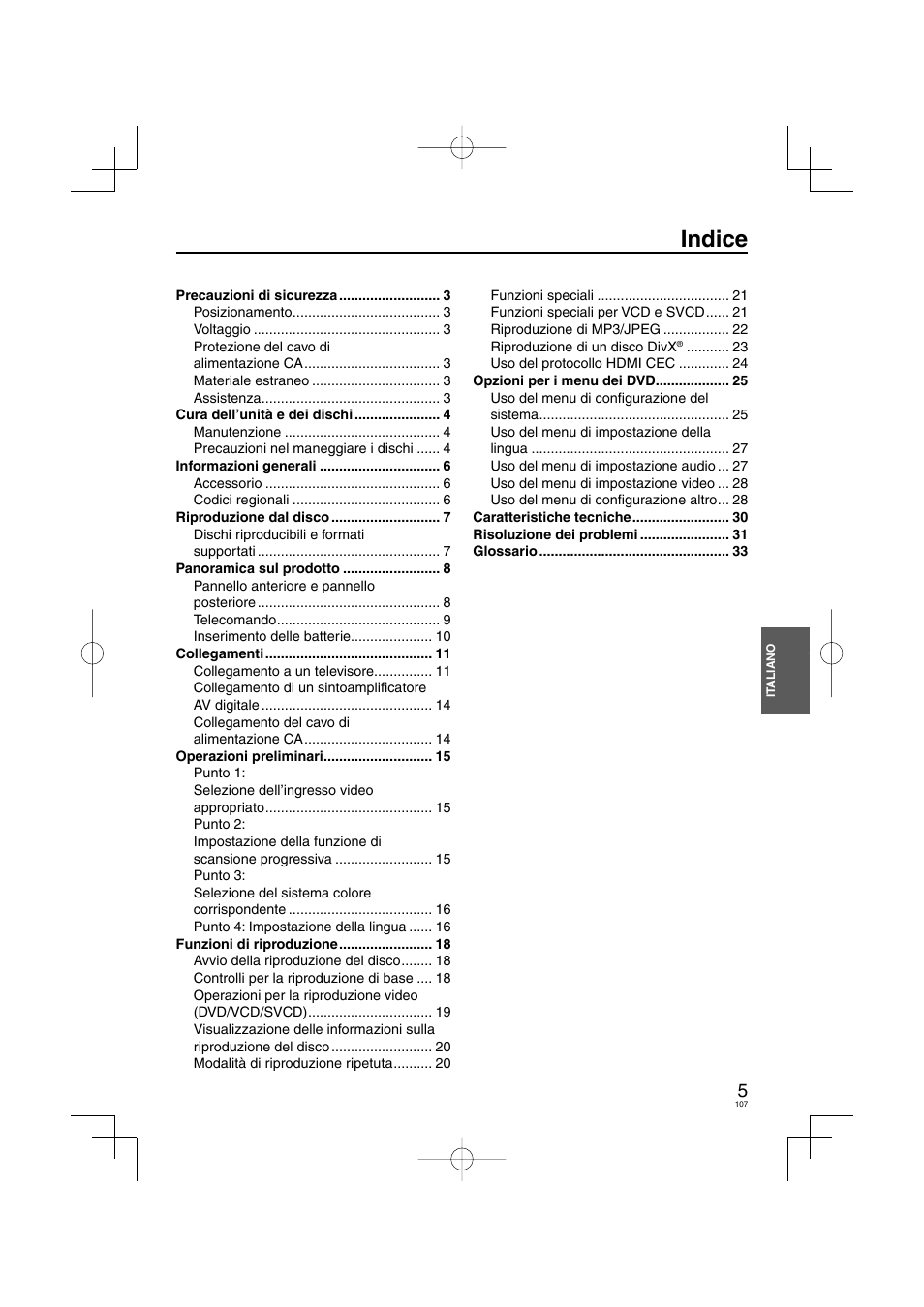 Indice | Panasonic DVDS38 User Manual | Page 107 / 216