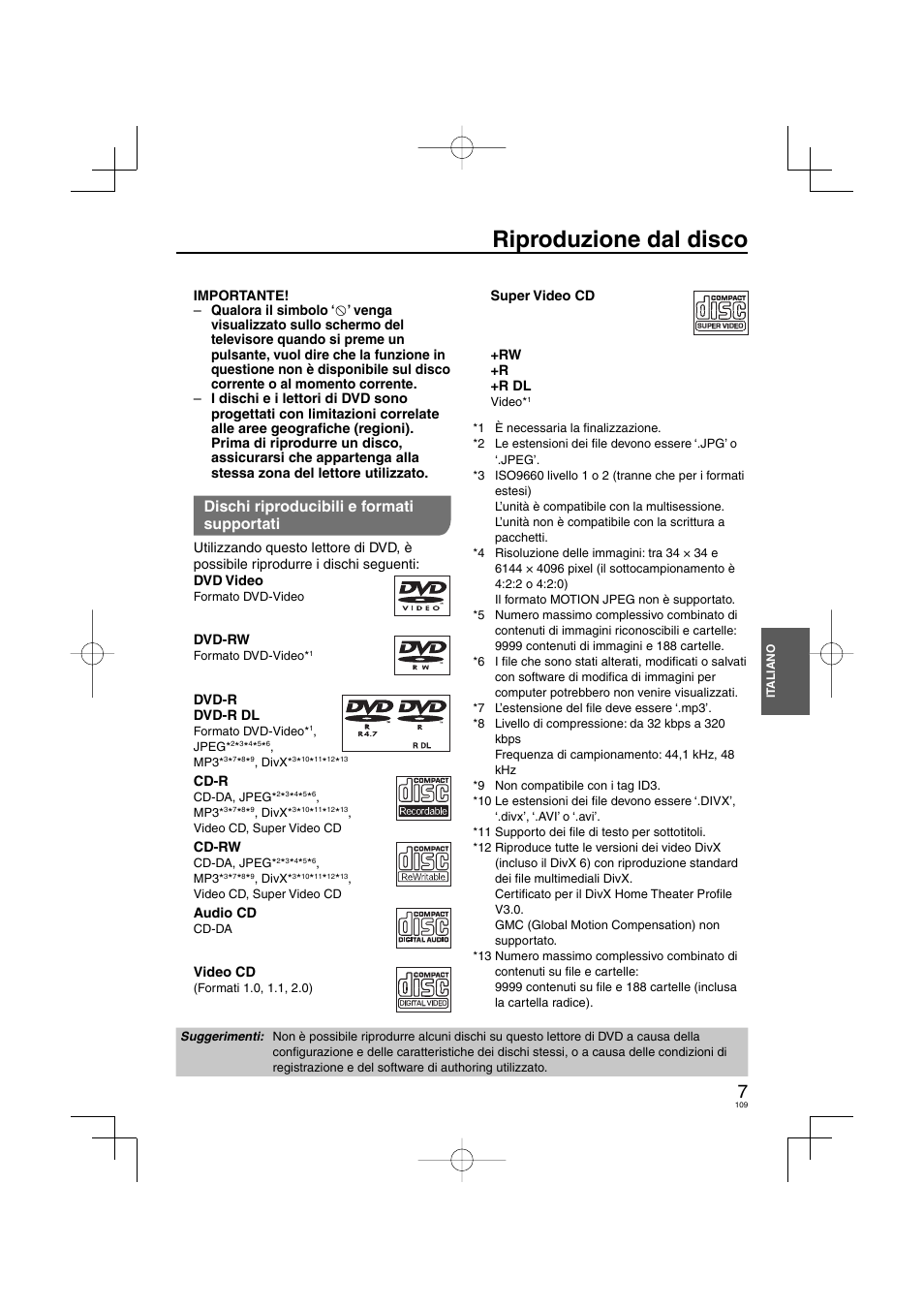 Riproduzione dal disco, Dischi riproducibili e formati supportati | Panasonic DVDS38 User Manual | Page 109 / 216