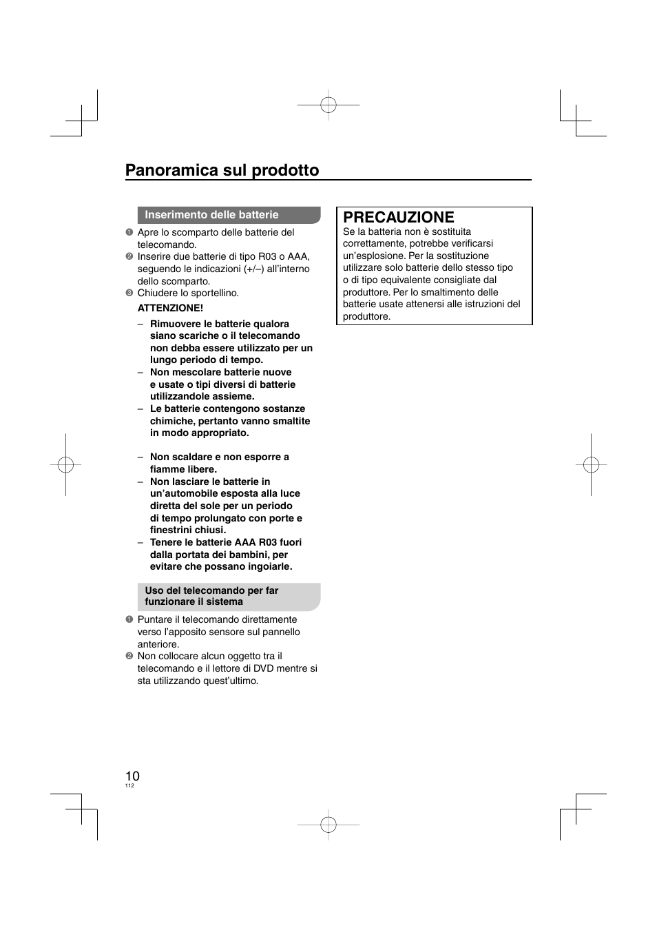 Panoramica sul prodotto, Precauzione | Panasonic DVDS38 User Manual | Page 112 / 216